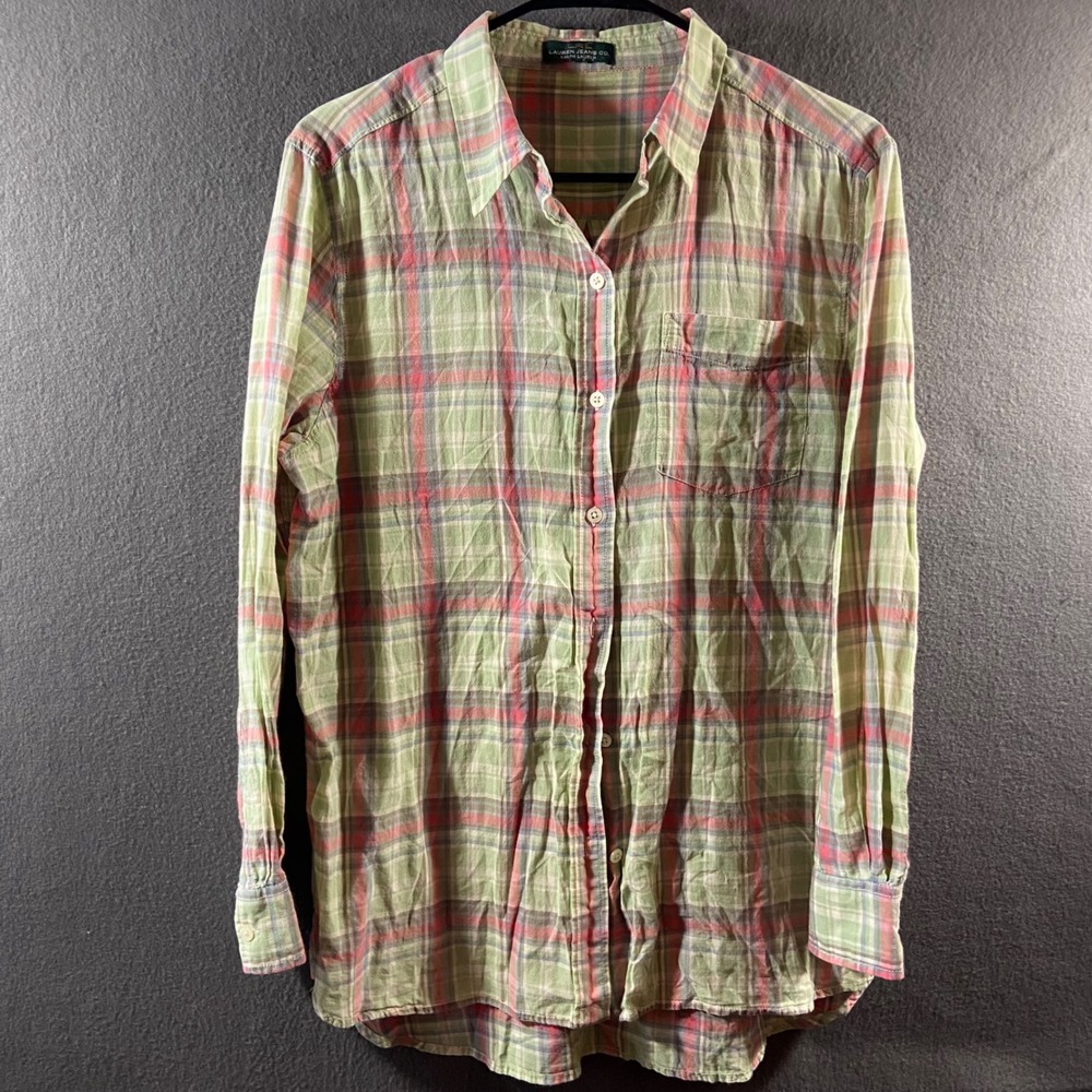 Lauren Ralph Lauren madras Plaid Shirt medium Button Down Cotton Green Pink
